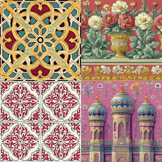 传统装饰边框纹样含吉祥图案，中心对称，精致细腻，古典风格，暖色调，微缩景观，柔和光线，静止，祥和。