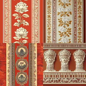 传统装饰边框纹样含吉祥图案，中心对称，精致细腻，古典风格，暖色调，微距镜头，均匀照明，静态，祥和。