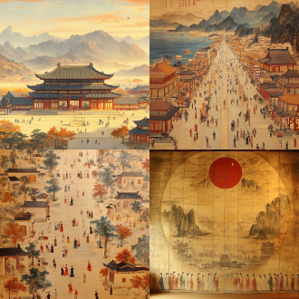 宋代罗刹海市宫城图，中心对称布局，建筑恢弘，古人着古装，人群熙攘，暖色调，全景镜头，平光，漫步，热闹。