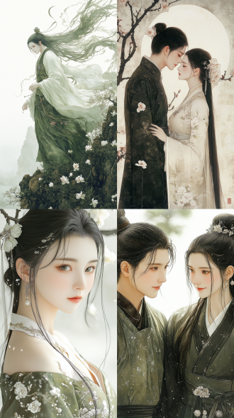 古代男女花前月下牡丹树下，全身立像工笔手绘，细腻笔触，自然光，柔和色，超高清300分辨率，静谧，生机勃勃。