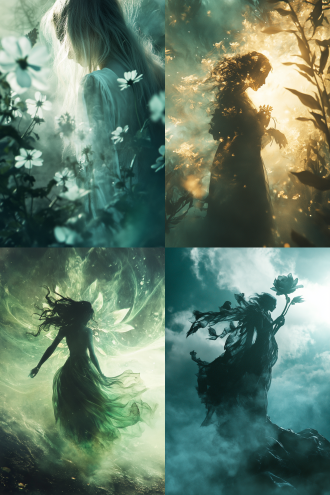 花妖站在错乱的时间线前，中心构图，冷色调，古风，长焦镜头，逆光，飘逸姿态，神秘氛围，魔法元素，魅惑表情。