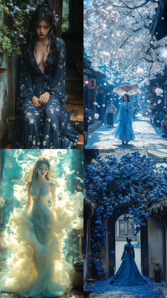 花妖在古旧庭院乱了时间线，竖构图，古风海报，飘逸服饰神秘表情，冷色调，长焦镜头，逆光，静谧。