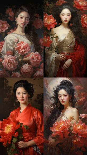 花妖站在牡丹花旁，古典服饰，冷艳表情，中式古典风格，中心构图，电影质感，柔焦，暖光，飘逸姿态，红色系，神秘。