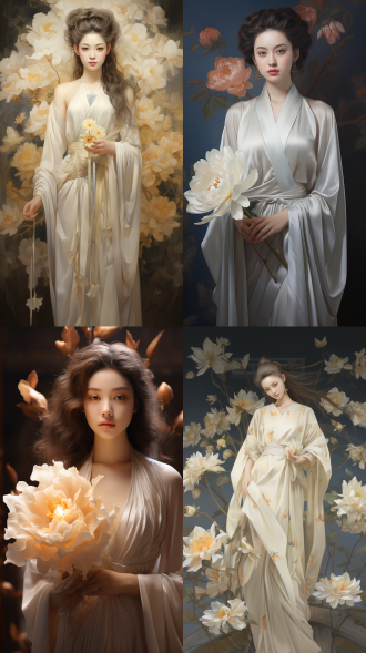 花妖身着唐宋服饰站于白色牡丹盛开处，古典中国风，中心构图，电影海报质感，柔焦，暖光，淡雅色调，宁静。