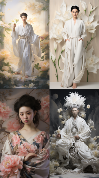 花妖身着唐宋服饰武侠气质，站在白色牡丹盛开处，古典中国风，电影海报风格，中景构图，柔和光线，冷色调，飘逸。