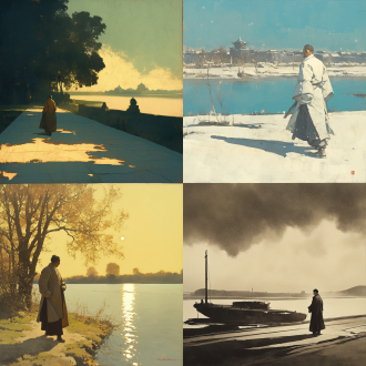 叶澄衷独自散步，人物正面出镜，背景黄浦江畔，1900年，正面视角，江水波光粼粼，远景上海滩，古典风格，长袍马褂，沉思表情，平静氛围，自然光，广角镜头，柔和色调，历史感，宁静。