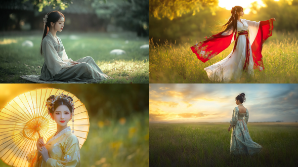 女孩古风服装中国古风妆容发饰，水树春天，黄金比例，超高清相机摄影，全景广角拍摄，背景高清，柔和光线，细腻肌肤，优雅姿态，古典美，自然环境，清新色彩，宁静情感。 大草原 全身 自然绿 丁达尔效应 黄昏 日式园林 科波拉