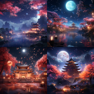 星空下的中国式奇幻仙境，闪耀的星星，红叶，cg渲染的凤凰花在空中飞舞，花瓣飘落，凤凰羽毛，美丽的艺术意境，萤火虫，彩虹光效，星空和明亮的月亮，空灵，8k高清，美丽的仙境悬浮在空中，广角镜头，低光，柔和光效，梦幻色彩，神秘感，宁静。