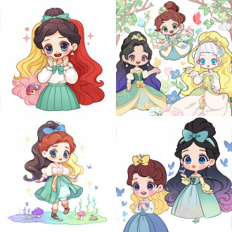 迪斯尼公主，卡通插画，手绘风格，可爱美丽，鲜明配色，高清细节，白色背景，中心构图，柔和光线，广角镜头，细腻表情，华丽服饰，梦幻氛围，温馨情感。