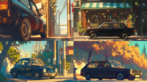 老式轿车，黑色车身，大众普通桑塔纳，江湖气息，低角度拍摄，复古风格，街头背景，暖色调，广角镜头，侧光，细节清晰，沉稳，怀旧。