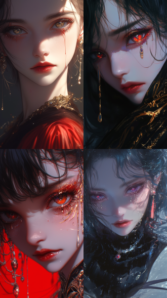 美女，钻石眼睛，红色眼泪，特写镜头，高光对比，暗色调，冷光，悲伤表情，精致妆容，珠宝装饰，神秘氛围，忧郁情绪。