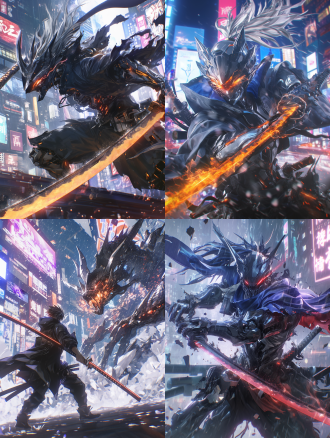 badass cyber-samurai in explosive anime action pose, glowing plasma katana slicing through raindrops, black exoskeleton armor with neon red circuit veins, mechanical dragon tattoo glowing on chest, cybernetic eye shooting laser targeting hud, dynamic wind blowing silver hair, shattered holographic billboards in background, neon-lit tokyo skyscrapers collapsing in slow motion, ultra-detailed mecha design, hyper-realistic rain reflections, in the style of cyberpunk: edgerunners ，超高质量，细节丰富