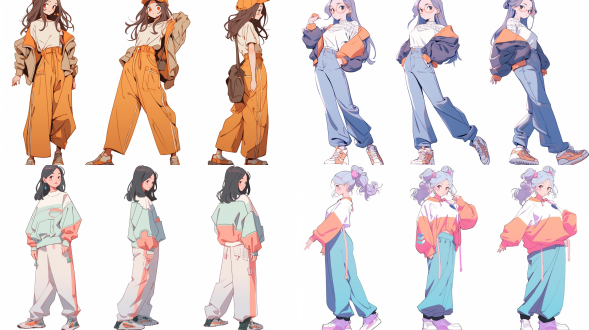 q版角色，三视图 卡通