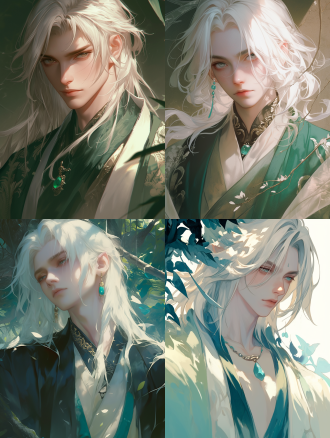 清冷面容的年轻美男子，森林感，白色的头发，冷峻的容颜，玉佩，中式古代风格，半身照，清冷，淡绿色调，古代人妆发。