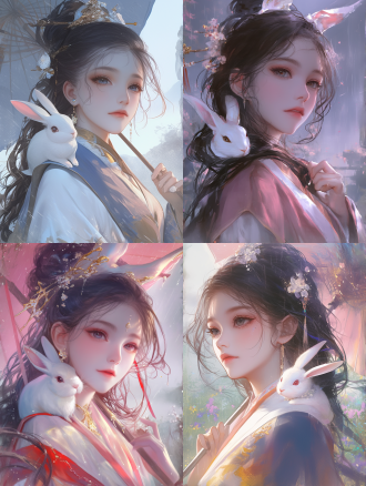 古风女生，好看的脸蛋，披肩发，年轻女性，毛茸茸的衣服，肩膀上有兔子，背景阴天下雨，古代服装，仙侠，雨天，冷色调