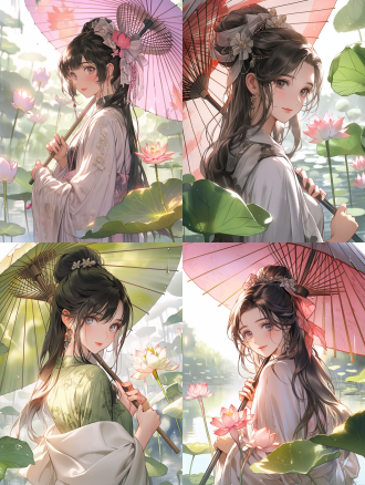 古风女生，好看的脸蛋，年轻女性，粗眉毛，知书达理，温柔明媚，暖光，站在阳光里，手里抱着一把伞，荷花背景