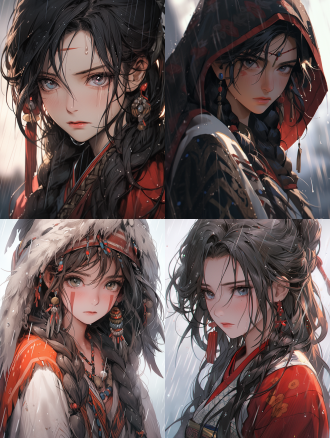 古风女生，古装扮相，仙侠，好看的脸蛋，年轻女性，粗眉毛，表情坚毅，眼神坚定，被雨淋湿，背景下雨，阴天氛围，冷光，狼狈，浑身湿哒哒