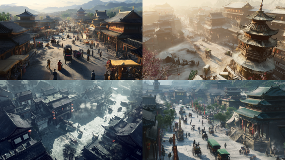 古风，京城，气势磅礴，马车，商贩，建筑群，古风场景氛围，古代场景 古代 古代中式 数码绘画 虚幻引擎 oc渲染器 照片写实 宽景 俯视 鸟瞰