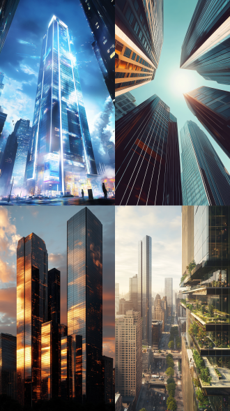 阳光明媚的高楼大厦，都市，城市，繁荣，高楼林立，玻璃外立面，高级的大厦 虚幻引擎 oc渲染器 三维 数码绘画 超广角 宽景 当代建筑
