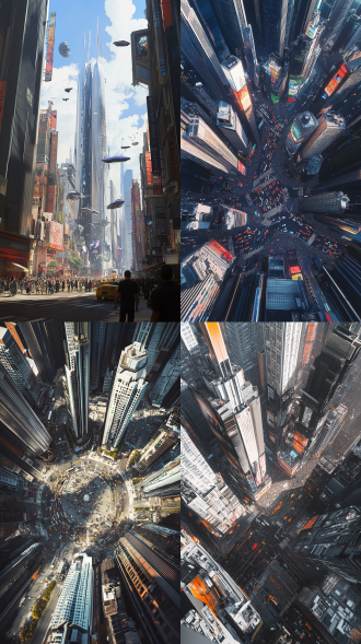 阳光明媚的高楼大厦，都市，城市，繁荣，街道，十字路口，车流，人群 虚幻引擎 oc渲染器 三维 数码绘画 超广角 宽景 当代建筑