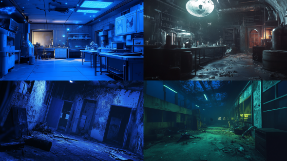废弃的生化实验室里有一群怪物，异形，异种，生化危机，丧尸，危险氛围，压迫感 oc渲染器 虚幻引擎 电影风格 游戏场景图 照片写实 废弃城市群 午夜 星空 蓝色时间 月光 低调照明 化学发光 生化危机 卡梅隆 尼尔森 人物视角 第一人视角 虚化 低角度 倾斜视角 侧身