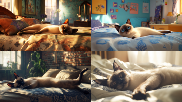 一只可爱的暹罗猫在温馨卧室里，在床上伸懒腰 oc渲染器 虚幻引擎 数码绘画 照片写实 斑驳光线 氛围感照明 人物视角 第一人视角 特写