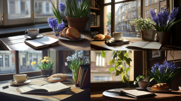 咖啡馆里，桌子上放着一个笔记本和几本书，咖啡杯，盘子里有面包，窗台上有风信子 oc渲染器 虚幻引擎 数码绘画 斑驳光线 氛围感照明 第一人视角 主观视角 虚化