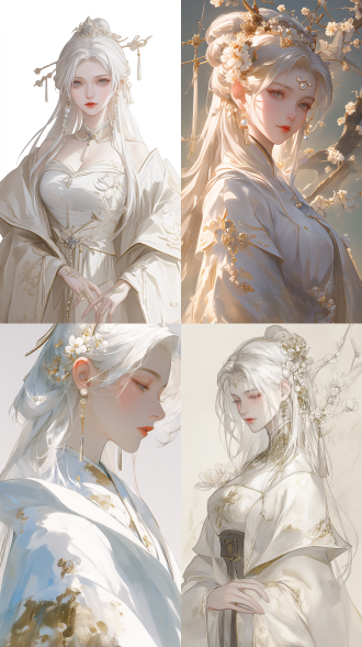 纸本彩绘风格，水彩上色画风，一位成熟中国古代女性，白色长发，五官绝美，穿着白色带金色刺绣汉服，华贵首饰，珍珠，翡翠，步摇，成熟魅力，装饰白色花卉。