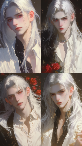 oil painting texture,a handsome male,silver white long hair, depression,half tied hair,gentle,ancient european attire white shirt, red eyes, rose, shell pearl, delicate light and shadow, soft color tone, stunning facial features,bjd features, smooth hair texture,longeyelashes, dynamic pose, thickly painted, oil oncanvas, beautiful light and shadows