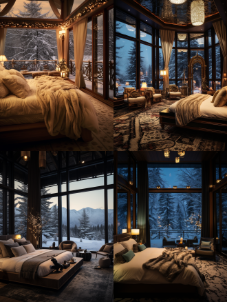 豪华卧室，傍晚，灯光昏暗，落地窗，地点新疆阿勒泰，时间是十二月份，白雪皑皑，长焦镜头，静谧，奢华。