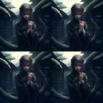 年轻女孩正面图，手臂蛇鳞，脸上白痂，神秘风格，对称构图，暗色调，微距镜头，柔和光线，静态，诡异。