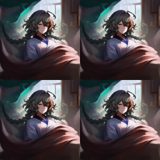 女孩躺在床上，清晨阳光，柔和光线，温馨卧室，长卷发，微笑表情，棉质睡衣，近景镜头，自然光，宁静氛围，温暖色调，放松状态。