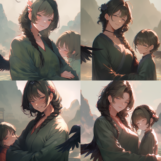 父母和妹妹三人，温馨家庭场景，自然光线，室内，中景，广角镜头，柔和色调，微笑，亲密拥抱，和谐，幸福感。