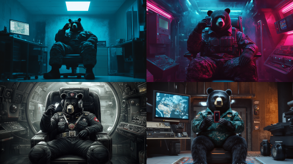 创作一幅未来主义风格的插画，主角是一只穿着俄式军装的大黑熊，它坐在一个先进的俄式风格装修的作战室内，手持一部高科技智能手机，正在进行通话，3d，真实镜头，佳能相机