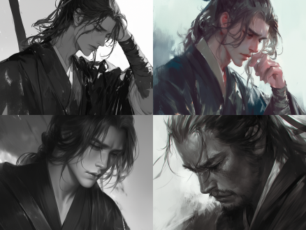 古代中国男子，黑色长袍，街道特写，沉重表情，高分辨率，肖像模式，自然光，阴天，中焦镜头，黑白对比，忧郁氛围。