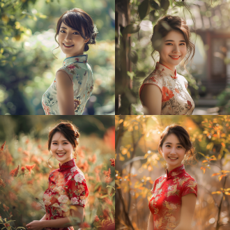 东方知性美女，旗袍展现曲线，自然环境，微笑，三分之二身长，柔和光线，自然环境，长焦镜头，浅景深，暖色调，优雅，自信。