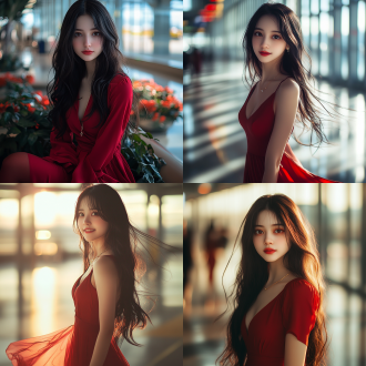 精致最美女孩，大眼睛微笑，机场，黑色飘逸长发，红色半透明薄纱长裙，裤袜，珠宝首饰，金色渐变红色氛围，春日暖阳，繁花似锦，细腻白皙皮肤，丁达尔效应，不暴露，广角镜头，柔和侧光，高对比度，暖色调，细腻质感，优雅姿态，迷人眼神，温馨情感。