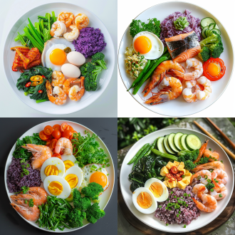 白色圆形餐盘，绿色蔬菜，鱼，蛋，虾，紫米饭，色彩丰富，高饱和度，高清画质，自然光，近景，鲜艳色彩，健康饮食。