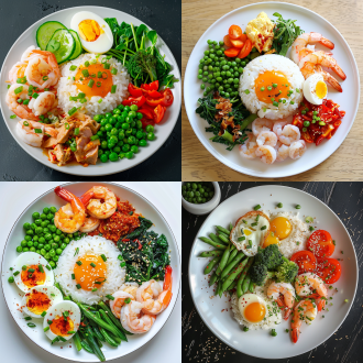 白色圆形餐盘，绿色蔬菜，鱼，蛋，虾，杂粮饭，色彩丰富，高饱和度，高清画质，中心构图，自然光，微距镜头，鲜艳色彩，健康，诱人。