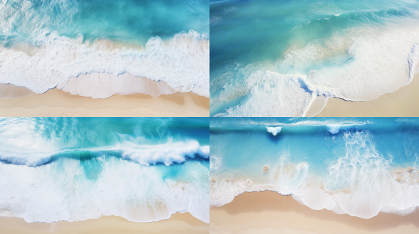 高俯拍视角，淡蓝色海水冲刷白色沙滩，广阔视野，自然风光，长焦镜头，柔和光线，慢速快门，流动，宁静，和谐。