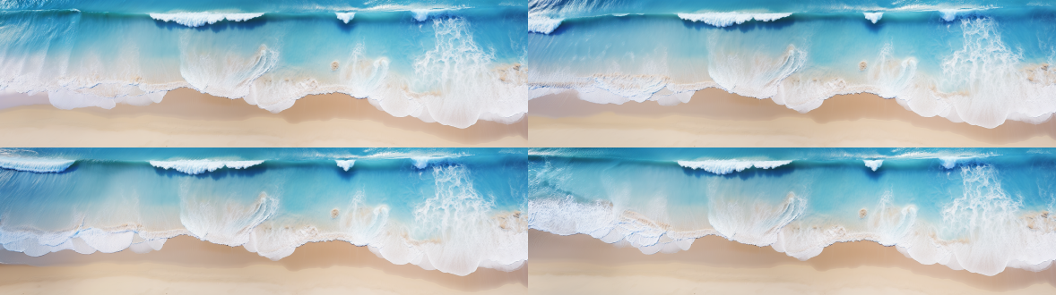 高俯拍视角，淡蓝色海水冲刷白色沙滩，广阔视野，自然风光，长焦镜头，柔和光线，慢速快门，流动，宁静，和谐。