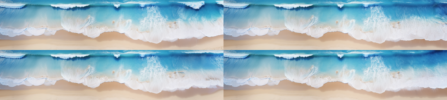 高俯拍视角，淡蓝色海水冲刷白色沙滩，广阔视野，自然风光，长焦镜头，柔和光线，慢速快门，流动，宁静，和谐。