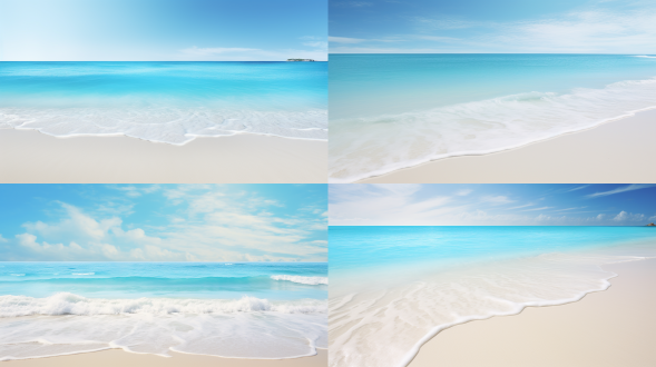 平拍视角，淡蓝色海水冲刷白色沙滩，广阔视野，自然风光，长焦镜头，柔和光线，慢速快门，流动，宁静，和谐。