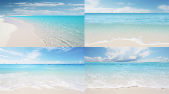 平拍视角，淡蓝色海水冲刷白色沙滩，广阔视野，自然风光，长焦镜头，柔和光线，慢速快门，流动，宁静，和谐，宽高比 16:9。