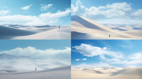 沙丘广阔，天空淡蓝，水平构图，远景，自然光，长焦镜头，柔和色调，宁静，纯净。