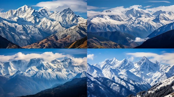 雪峰群，重峦叠嶂，广阔视野，高远视角，冷色调，长焦镜头，自然光线，宏伟壮观，山脉连绵，雪白无瑕，静谧氛围，寒冷气息。
