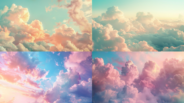 云朵漂浮，彩粉色天空，广角镜头，柔和光线，浪漫，梦幻，渐变色彩，云层细节，宁静，艺术感，超现实，视觉冲击。