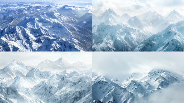 灰色雪峰，重峦叠嶂，广阔视野，高远视角，冷色调，长焦镜头，自然光线，宏伟壮观，山脉连绵，雪白无瑕，静谧氛围，寒冷气息。