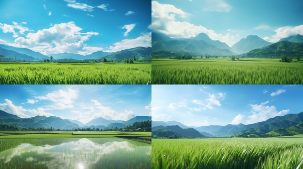 水稻田，正午时分，宁静祥和，山川河流，地平线，蓝天白云，自然光，绿色调，全景，轻松愉悦，自然光，水稻细节丰富，超级细节，8k，尼康，低角度拍摄，仰视，自然环境，轻松氛围，自然色彩，愉悦情绪。