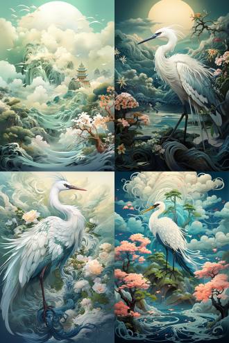 仙鹤祥云 ，山海经，蓝绿浅色系，中国插画，金边点缀